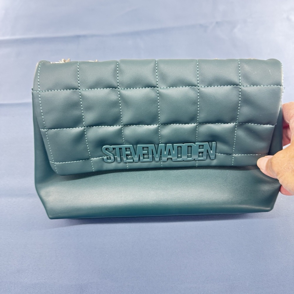 Steve Madden Quilted Bgali Chain Shoulder Bag Purse Emerald Green 11 Inch - Picture 7 of 9